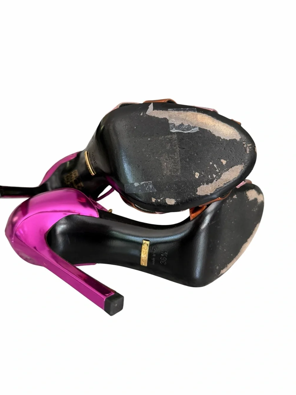 Gucci Sand Pelle S Cuoio Glow Light Pink Metallic Ankle Strap Heels Size 36.5